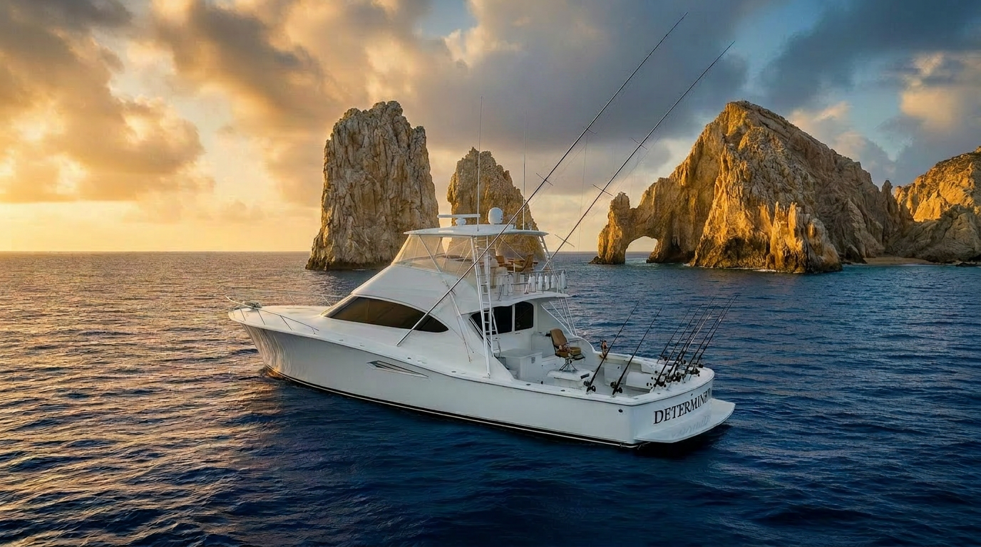 Luxury sportfishing yacht Determined cruising past El Arco in Cabo San Lucas at golden hour